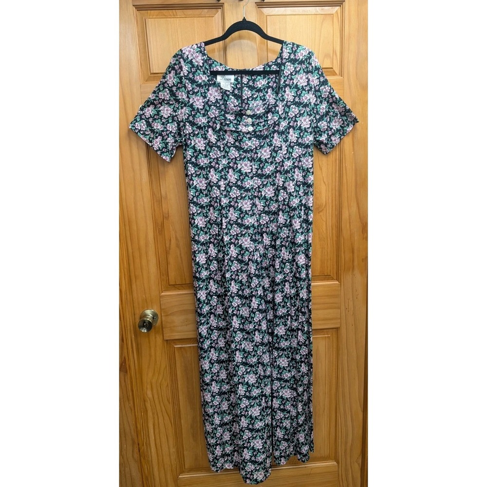 Vintage Darian Women's 16 Jumpsuit Black Floral Back Zip Short Sleeves Cottage
